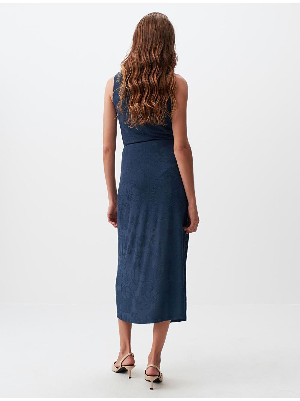 Mavi Petrol Çiçek Desenli Büzgülü Yırtmaçlı Midi Etek-5