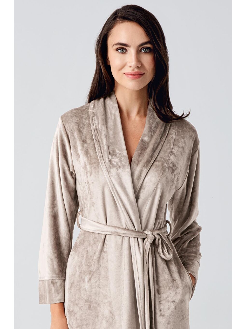 Bej Uzun Kollu Esnek Kadife Viskon Sabahlık 25100-1