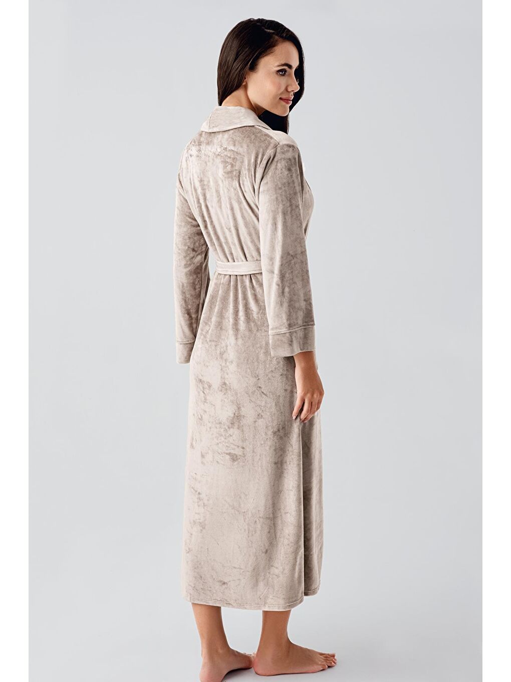 Bej Uzun Kollu Esnek Kadife Viskon Sabahlık 25100-2