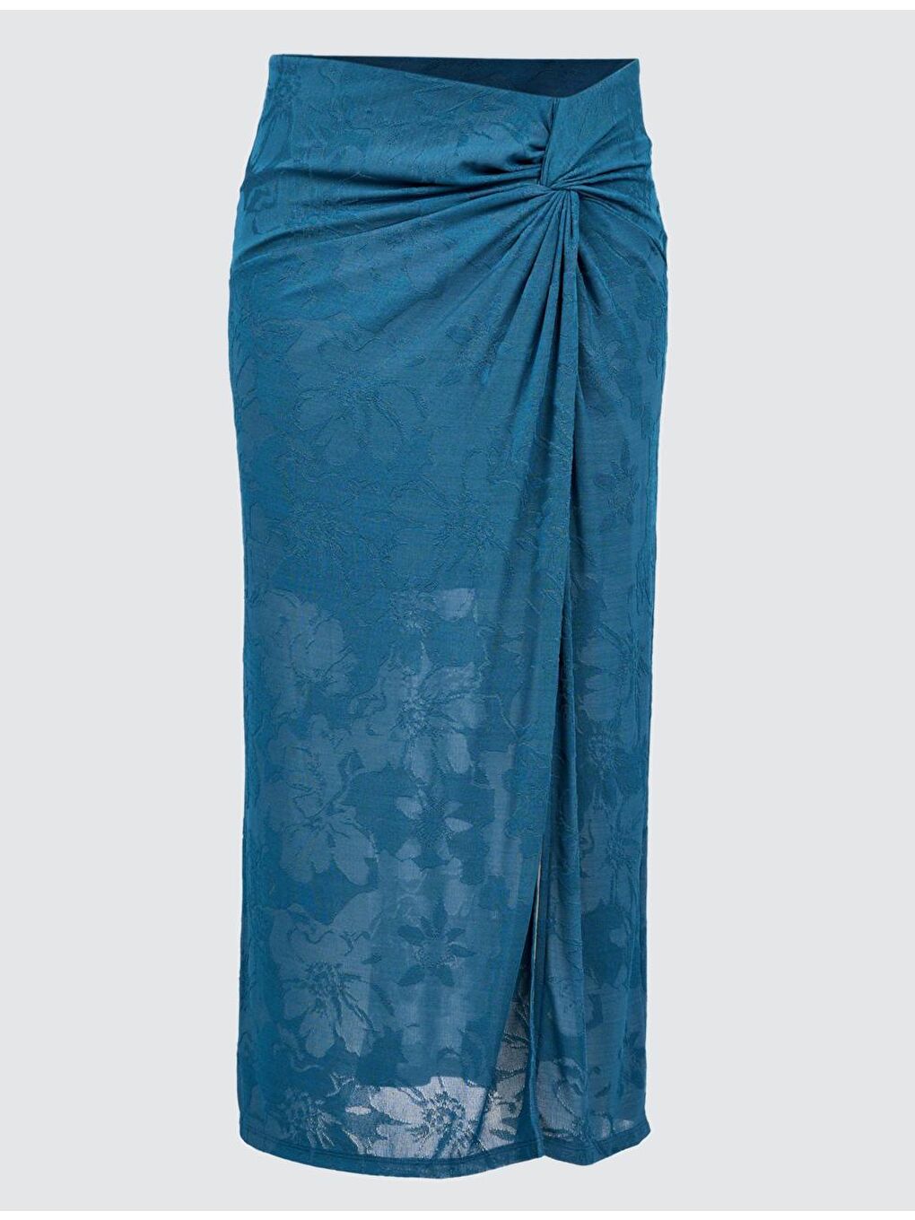 Mavi Petrol Çiçek Desenli Büzgülü Yırtmaçlı Midi Etek-6