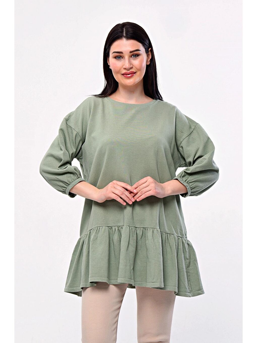 Yeşil Büyük Beden Eteği Fırfır Detaylı Yarım Balon Kol Bluz 171915-3