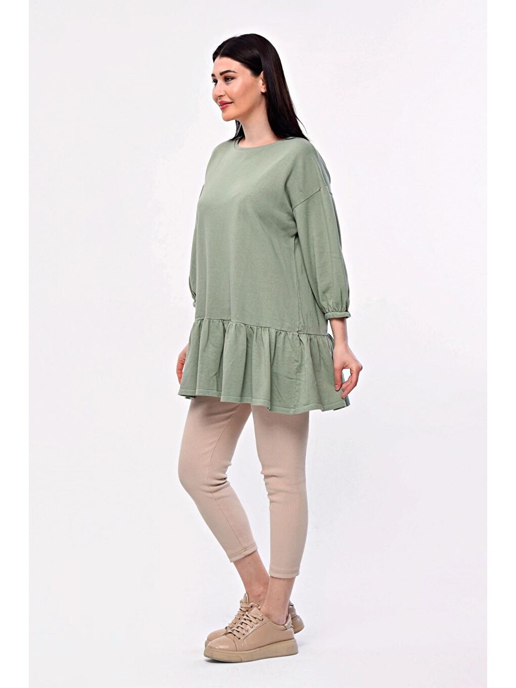 Yeşil Büyük Beden Eteği Fırfır Detaylı Yarım Balon Kol Bluz 171915-4