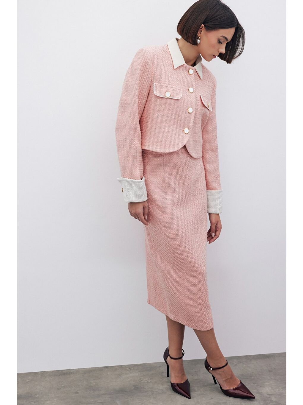 Pembe Kontrast Kısa Tüvit Ceket - Pudra