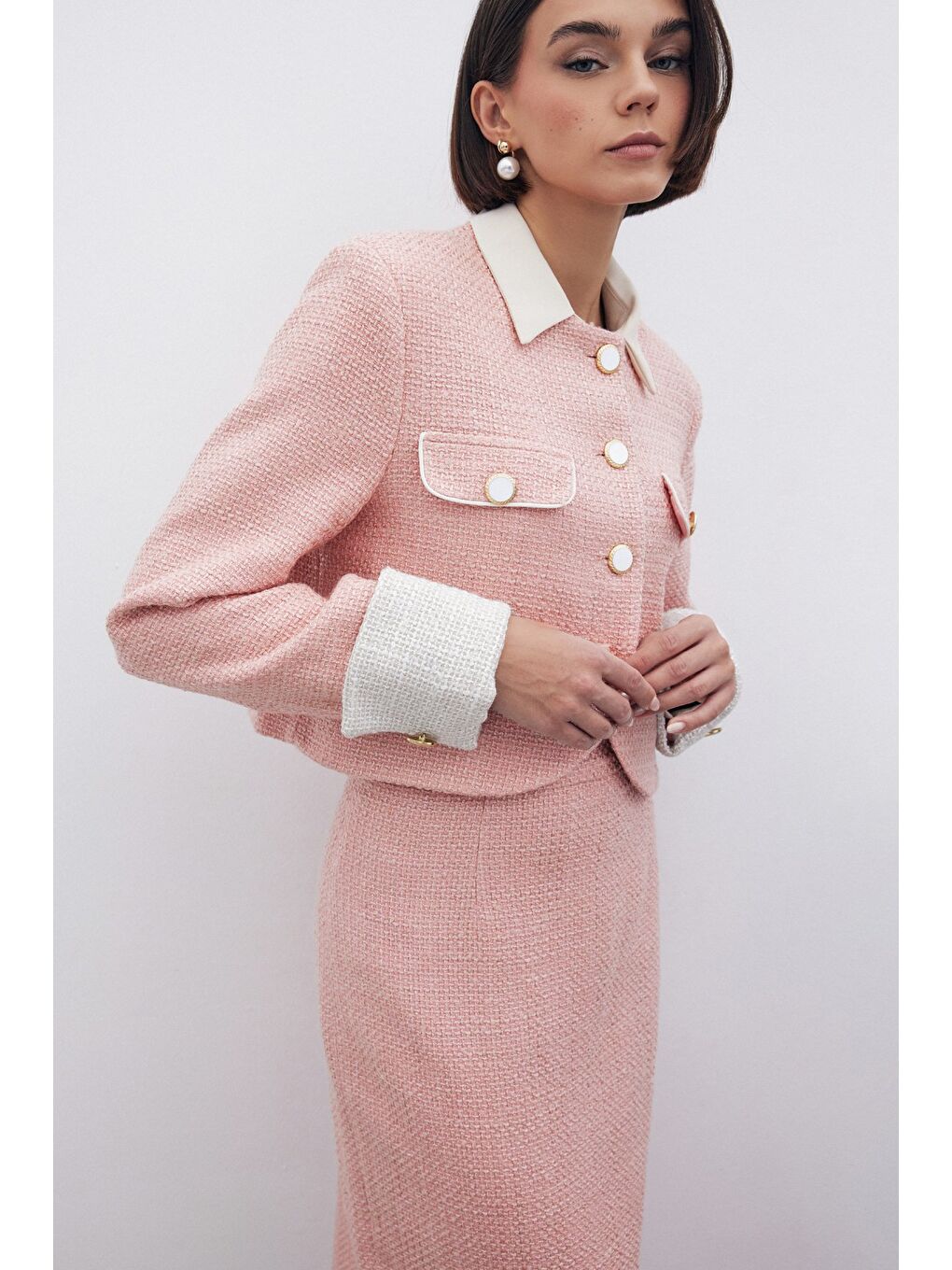 Pembe Kontrast Kısa Tüvit Ceket - Pudra-1