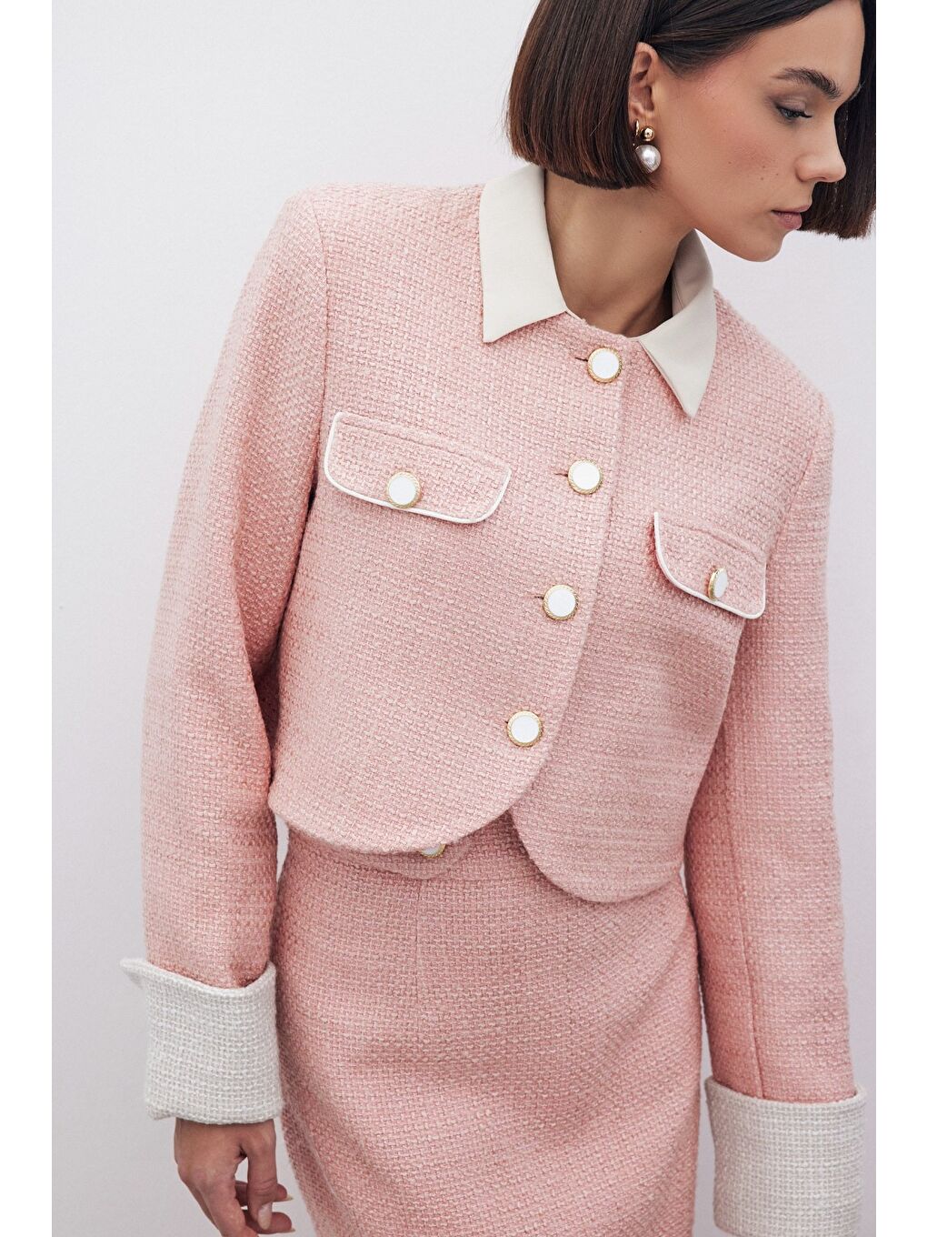 Pembe Kontrast Kısa Tüvit Ceket - Pudra-2