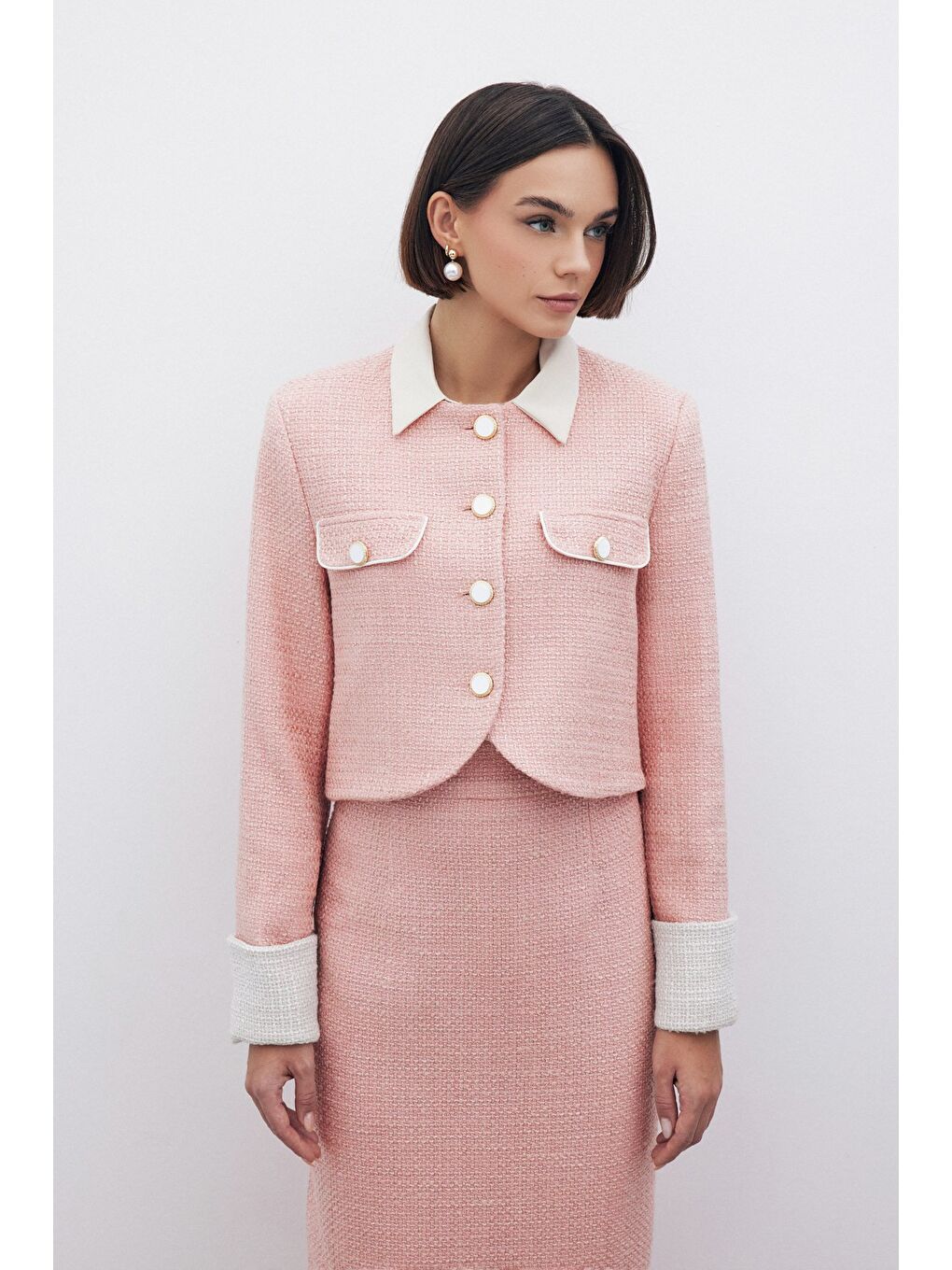 Pembe Kontrast Kısa Tüvit Ceket - Pudra-3