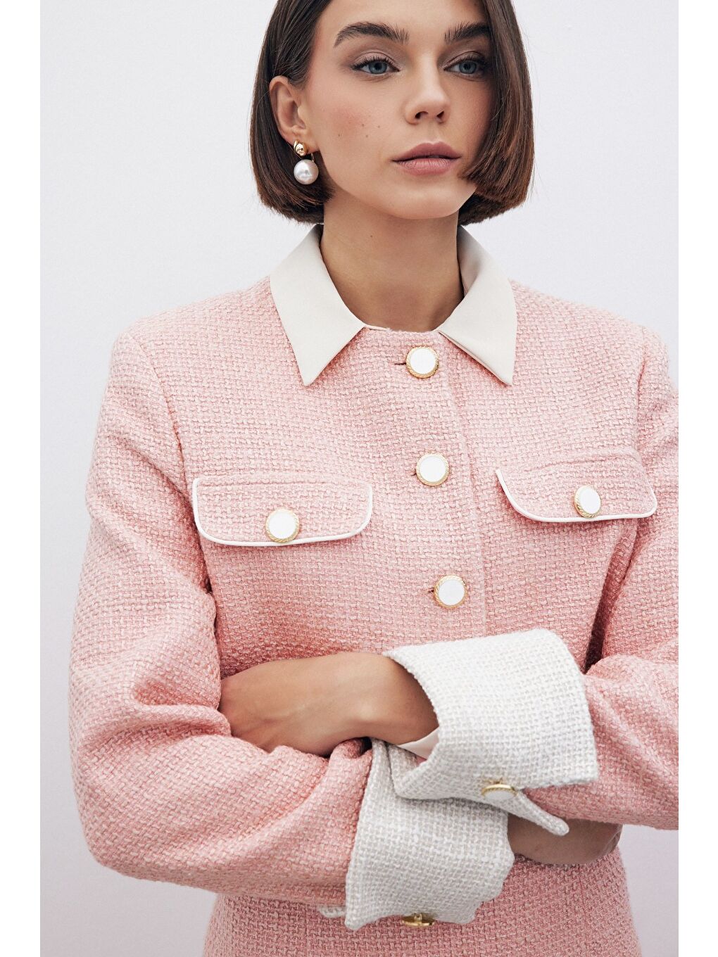 Pembe Kontrast Kısa Tüvit Ceket - Pudra-4