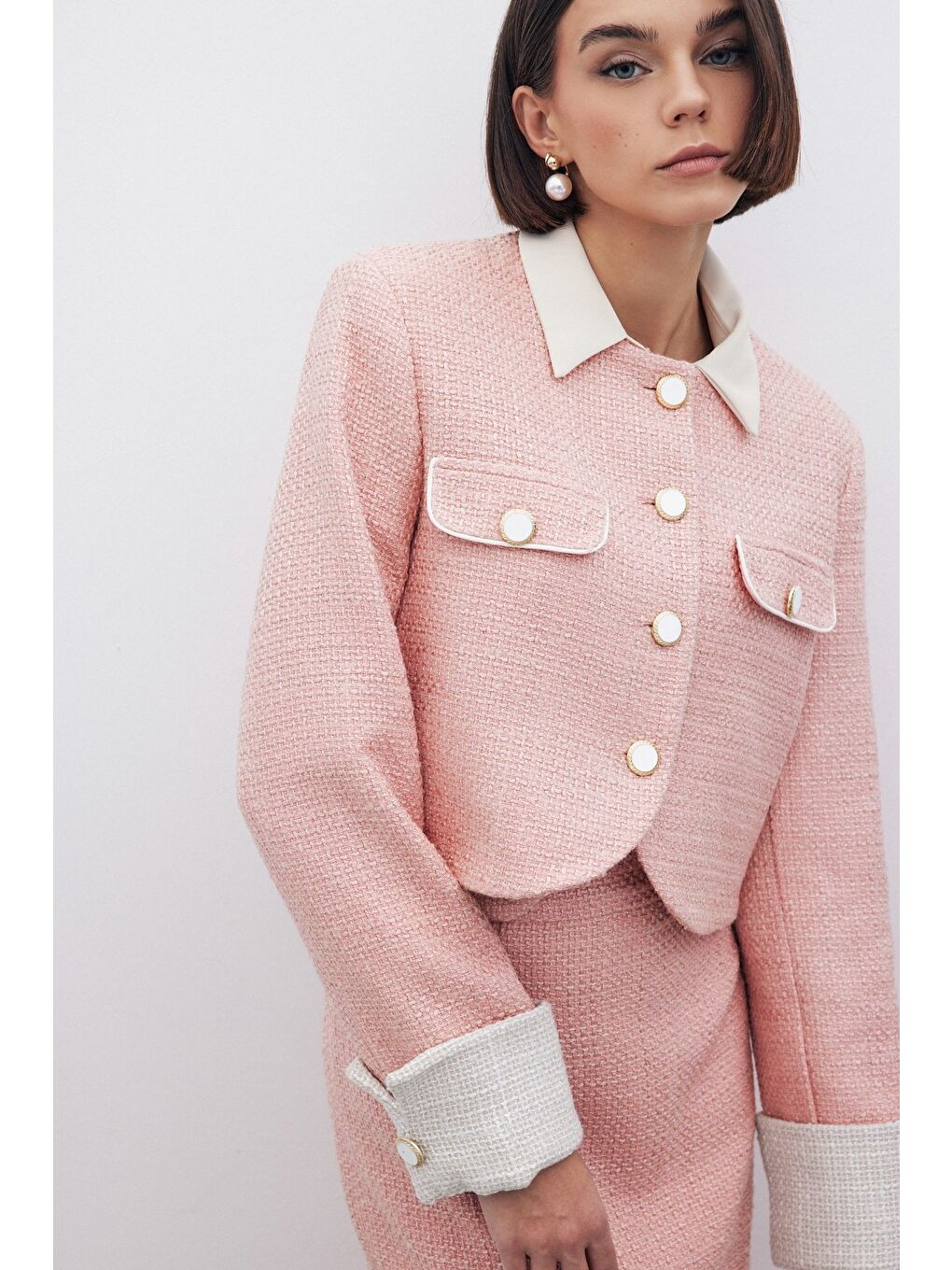 Pembe Kontrast Kısa Tüvit Ceket - Pudra-5