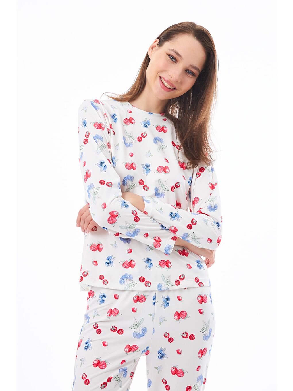 Ekru Premium  Yazlık Kadın Pijama Takımı Meyve Desenli Yumuşak Dokulu Bisiklet Yaka Uzun Kollu-7