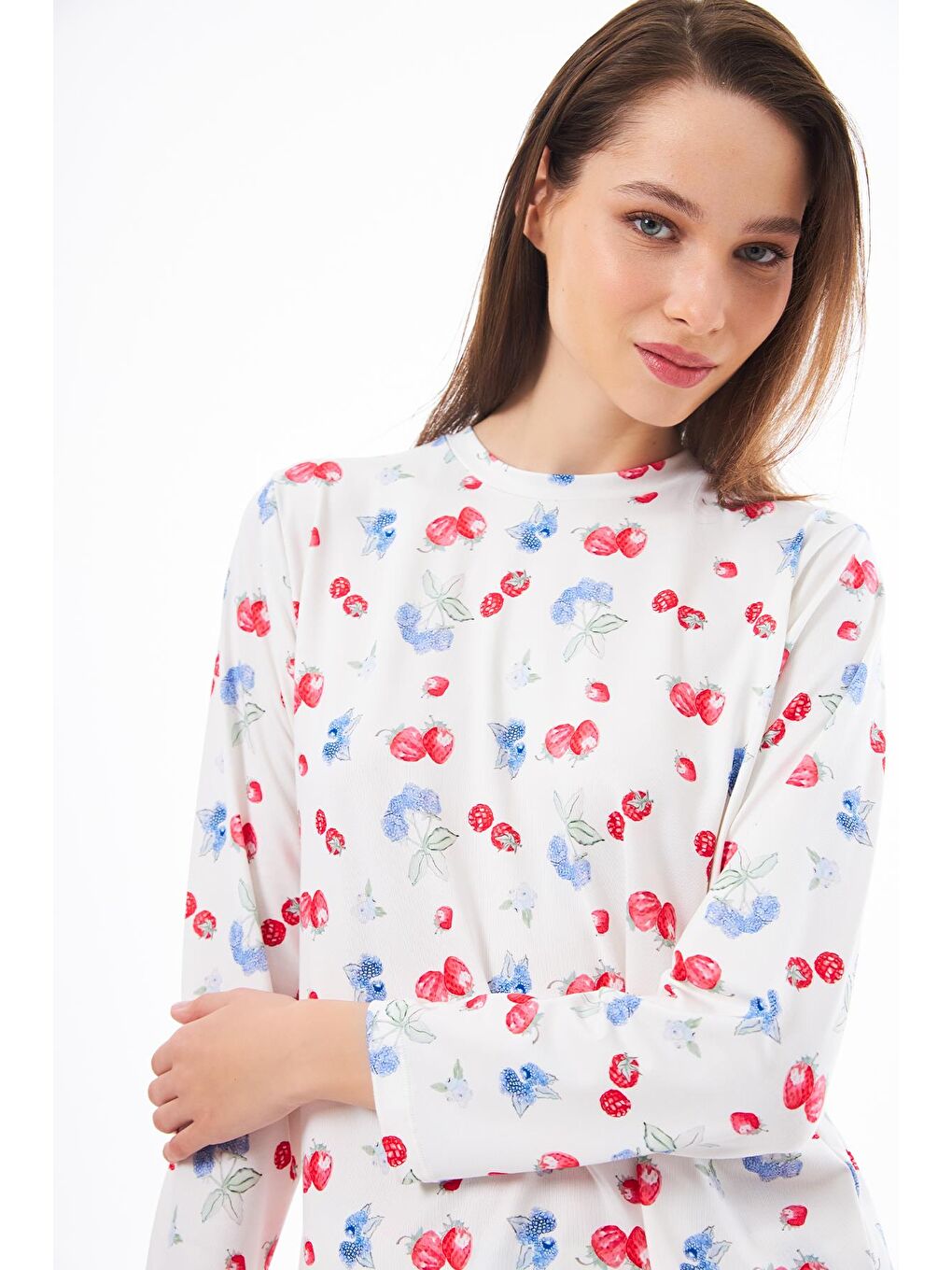 Ekru Premium  Yazlık Kadın Pijama Takımı Meyve Desenli Yumuşak Dokulu Bisiklet Yaka Uzun Kollu-8