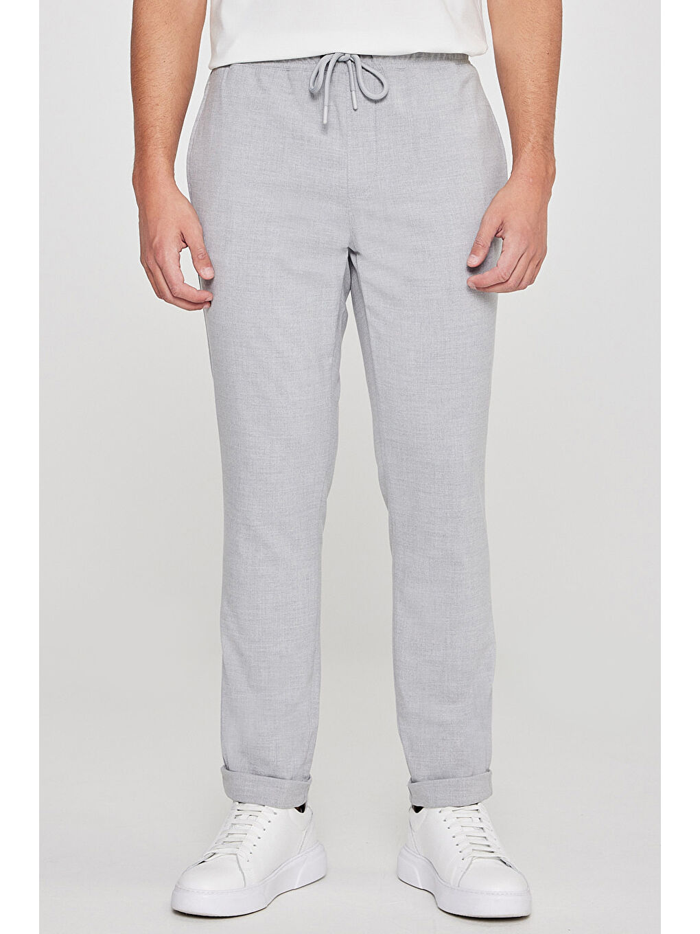 Erkek Gri Slim Fit Rahat Kesim Beli Bağlamalı Yan Cepli Jogger Pantolon-2