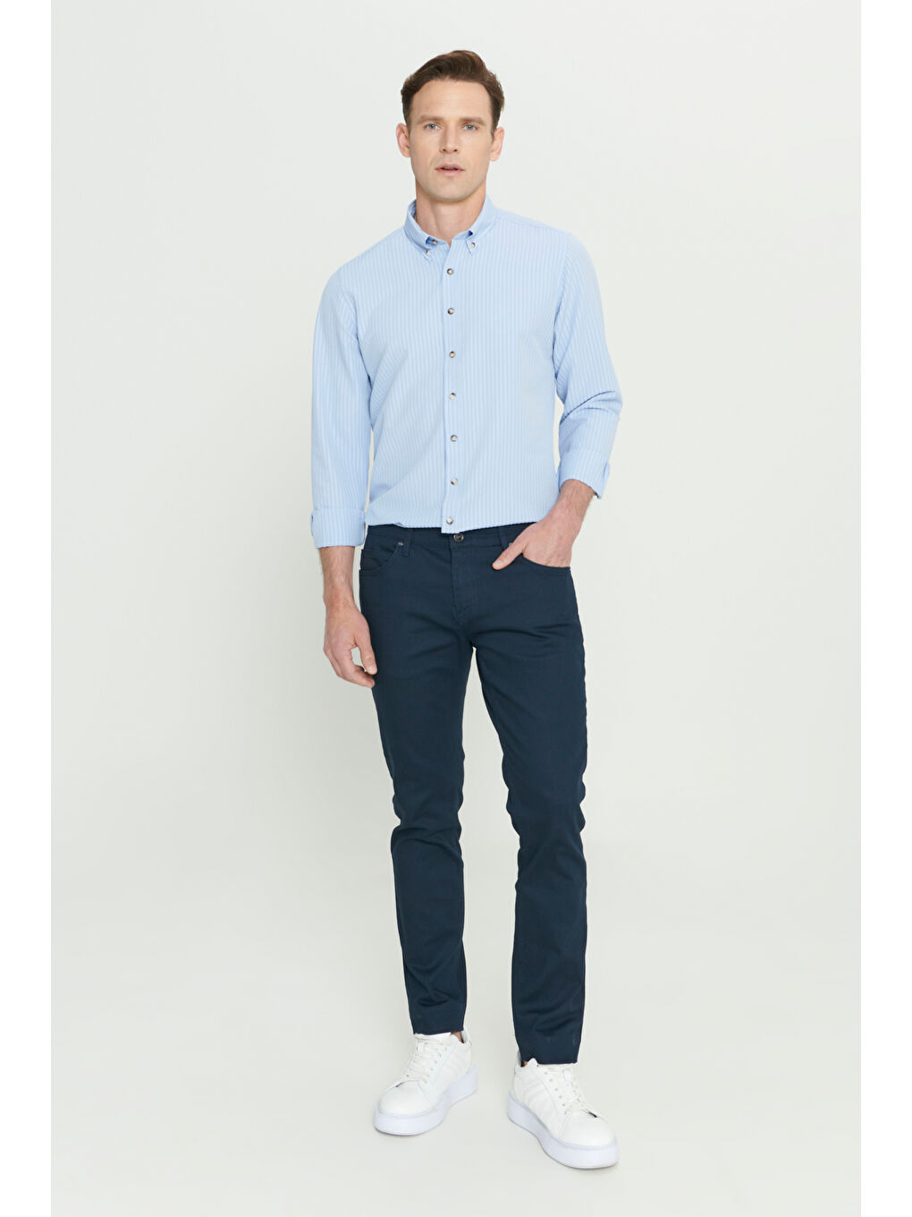 Erkek Lacivert 360 Derece Her Yöne Esneyen Slim Fit Dar Kesim Diyagonal Desenli Pantolon-5