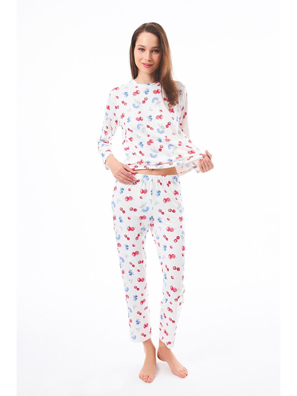 Ekru Premium  Yazlık Kadın Pijama Takımı Meyve Desenli Yumuşak Dokulu Bisiklet Yaka Uzun Kollu-10