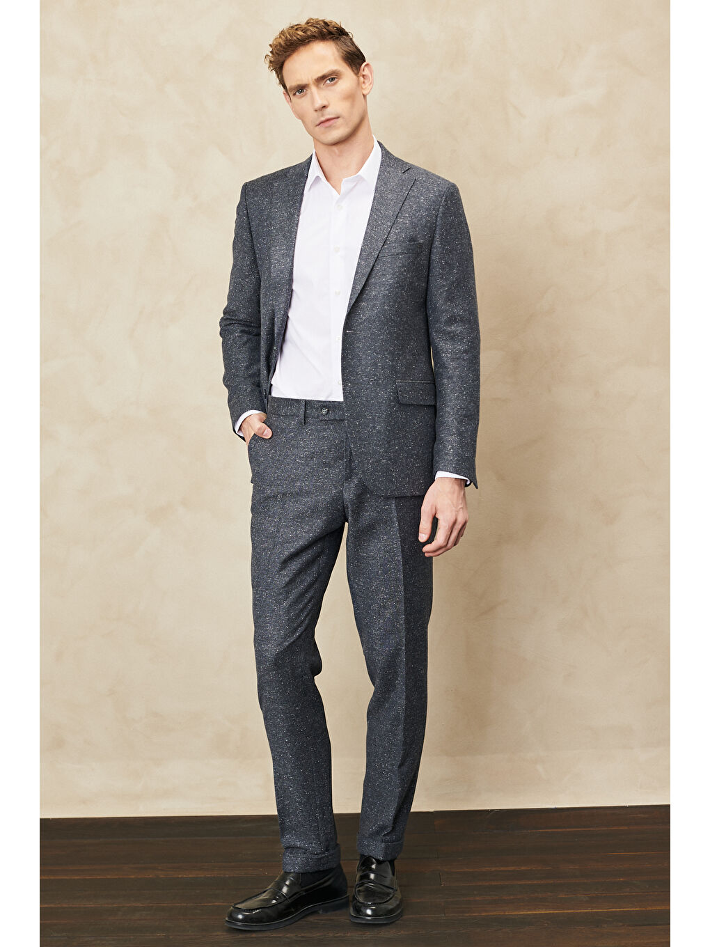 Erkek Antrasit Slim Fit Dar Kesim Mono Yaka Tweet Desenli Yünlü Takım Elbise-1