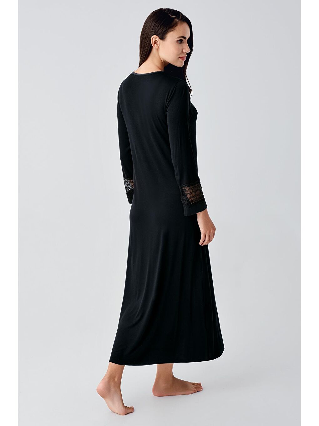 Siyah Uzun Kollu Dantelli Esnek Viskon Gecelik Sabahlık Takım 24104-3