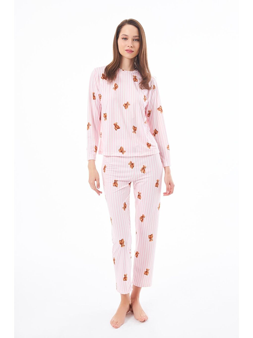 Pembe Premium  Yazlık Kadın Pijama Takımı Krem Ayıcık Desenli Yumuşak Dokulu Bisiklet Yaka Uzun Kollu