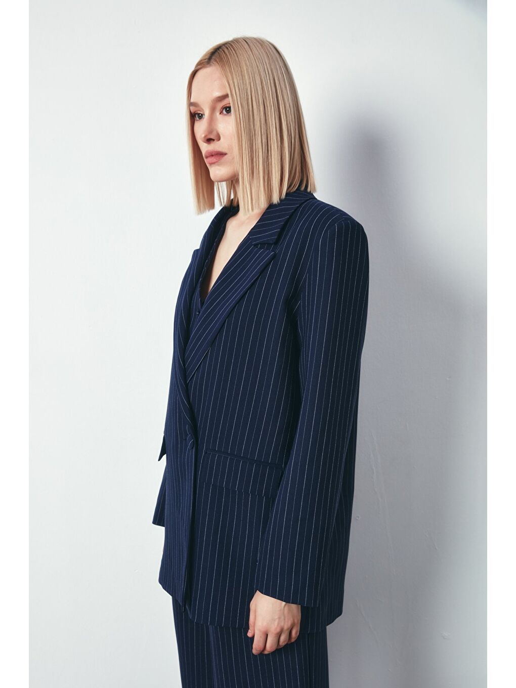 Çizgili Salaş Ceket - Lacivert-1