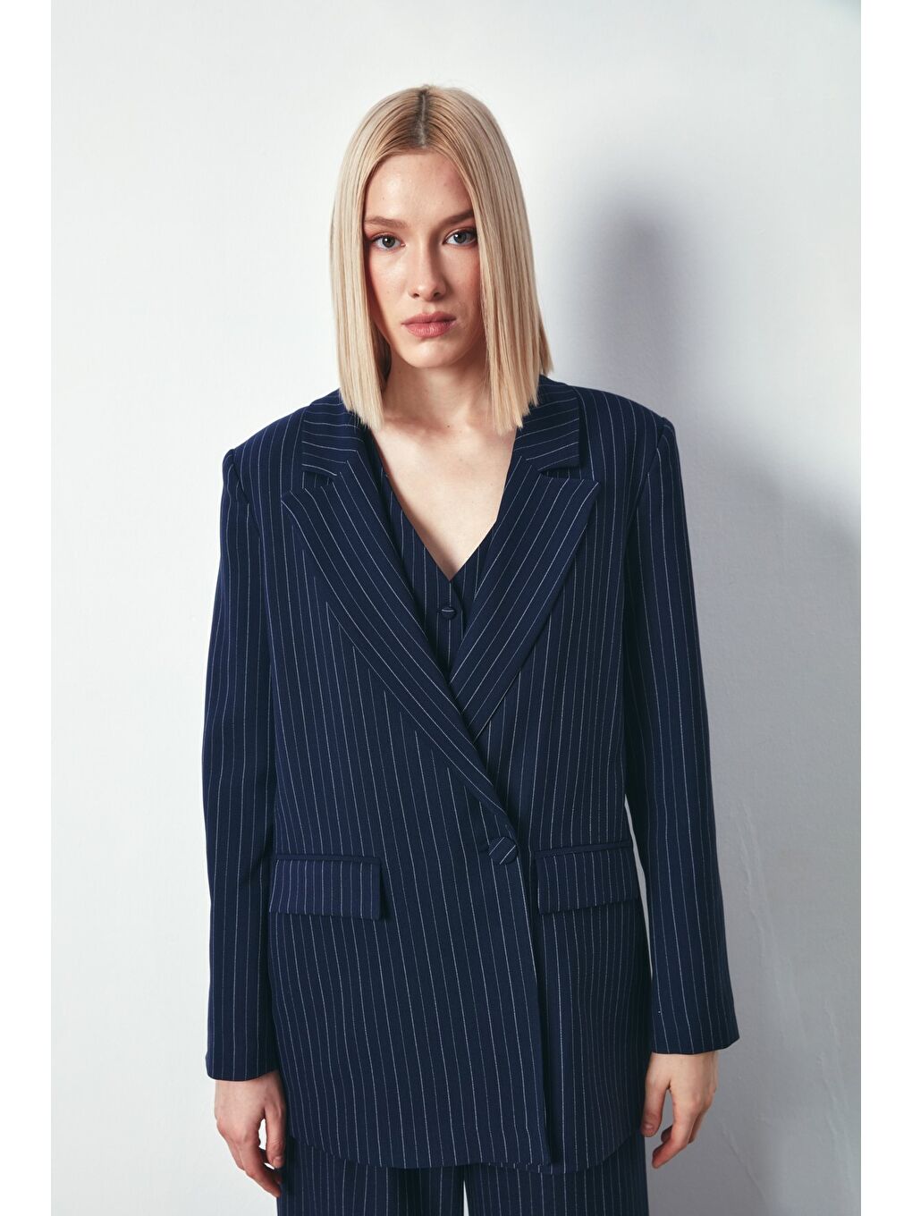Çizgili Salaş Ceket - Lacivert-2