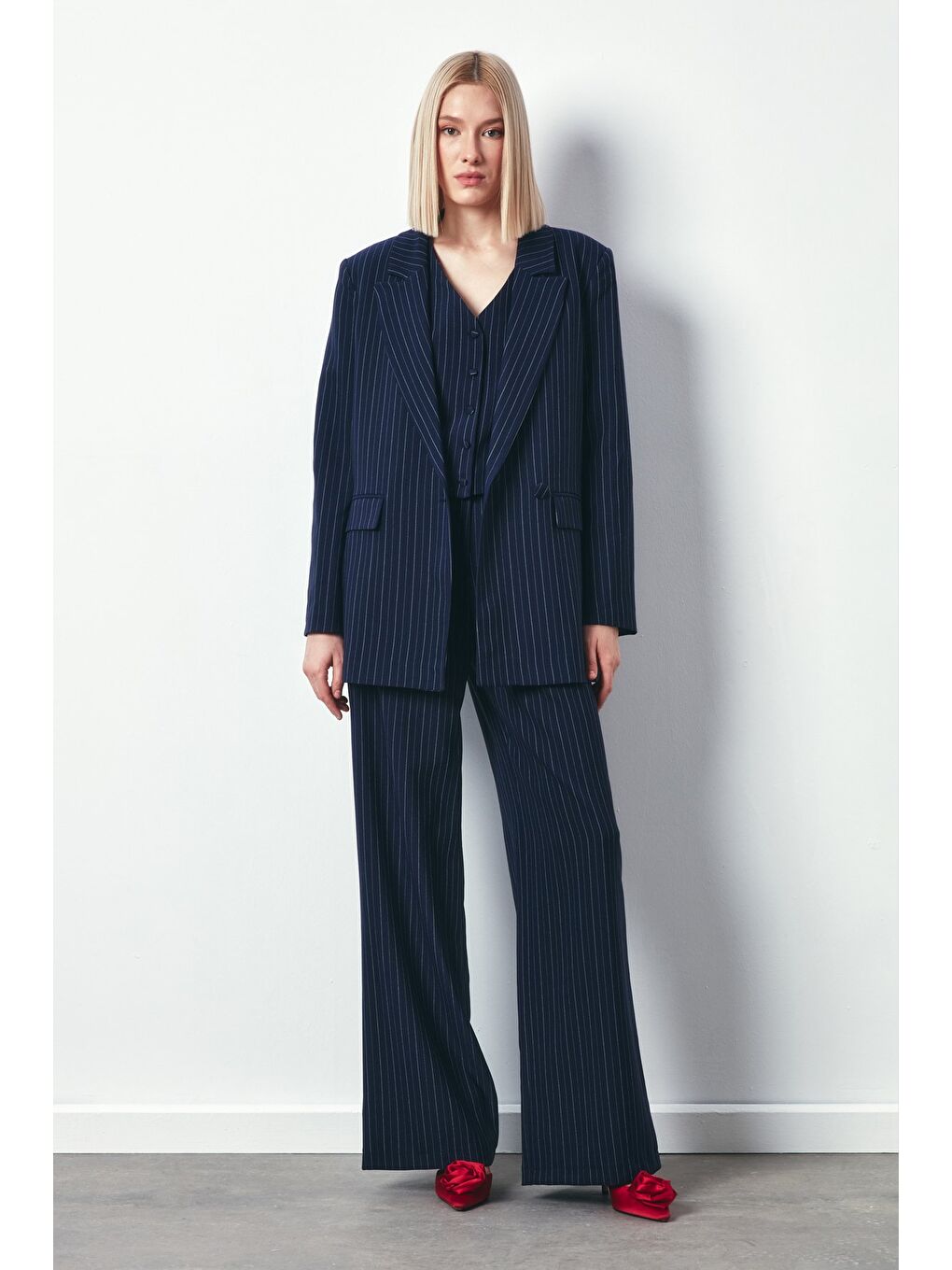 Çizgili Salaş Ceket - Lacivert-3