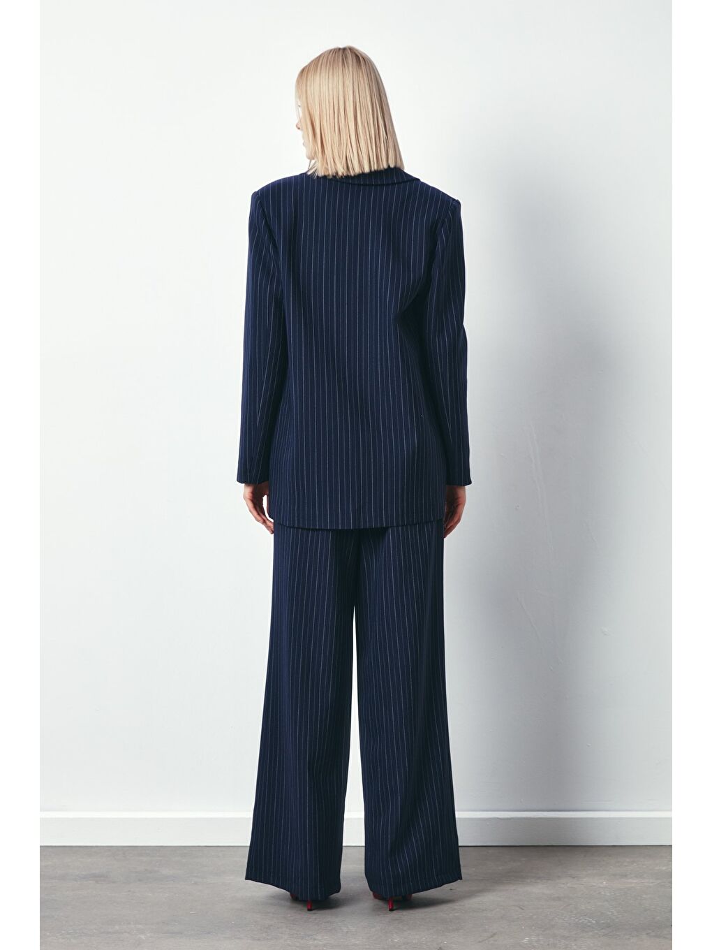 Çizgili Salaş Ceket - Lacivert-4