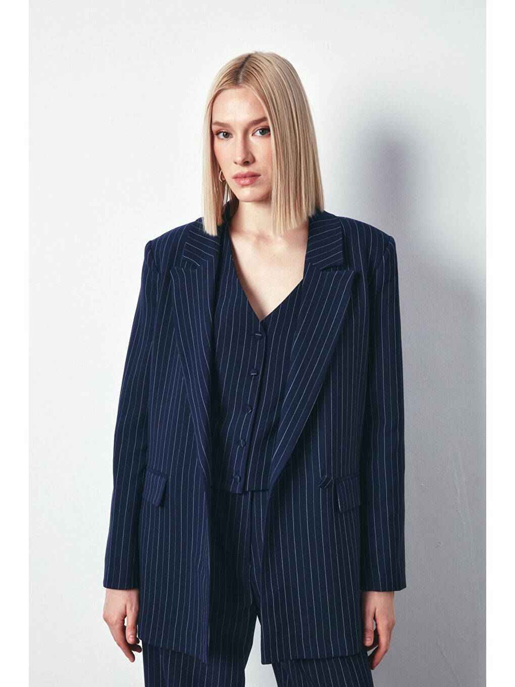 Çizgili Salaş Ceket - Lacivert-5
