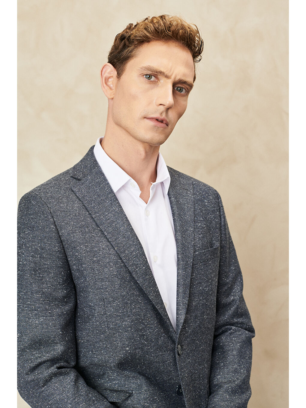 Erkek Antrasit Slim Fit Dar Kesim Mono Yaka Tweet Desenli Yünlü Takım Elbise-3