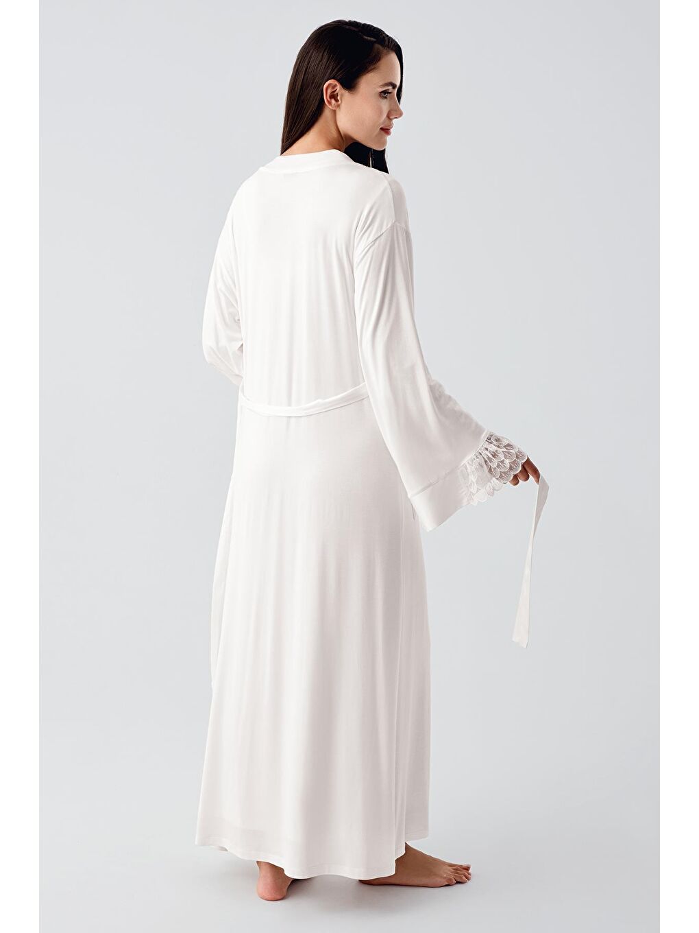 Ekru Uzun Kollu Dantelli Esnek Viskon Gecelik Sabahlık Takım 24104-2