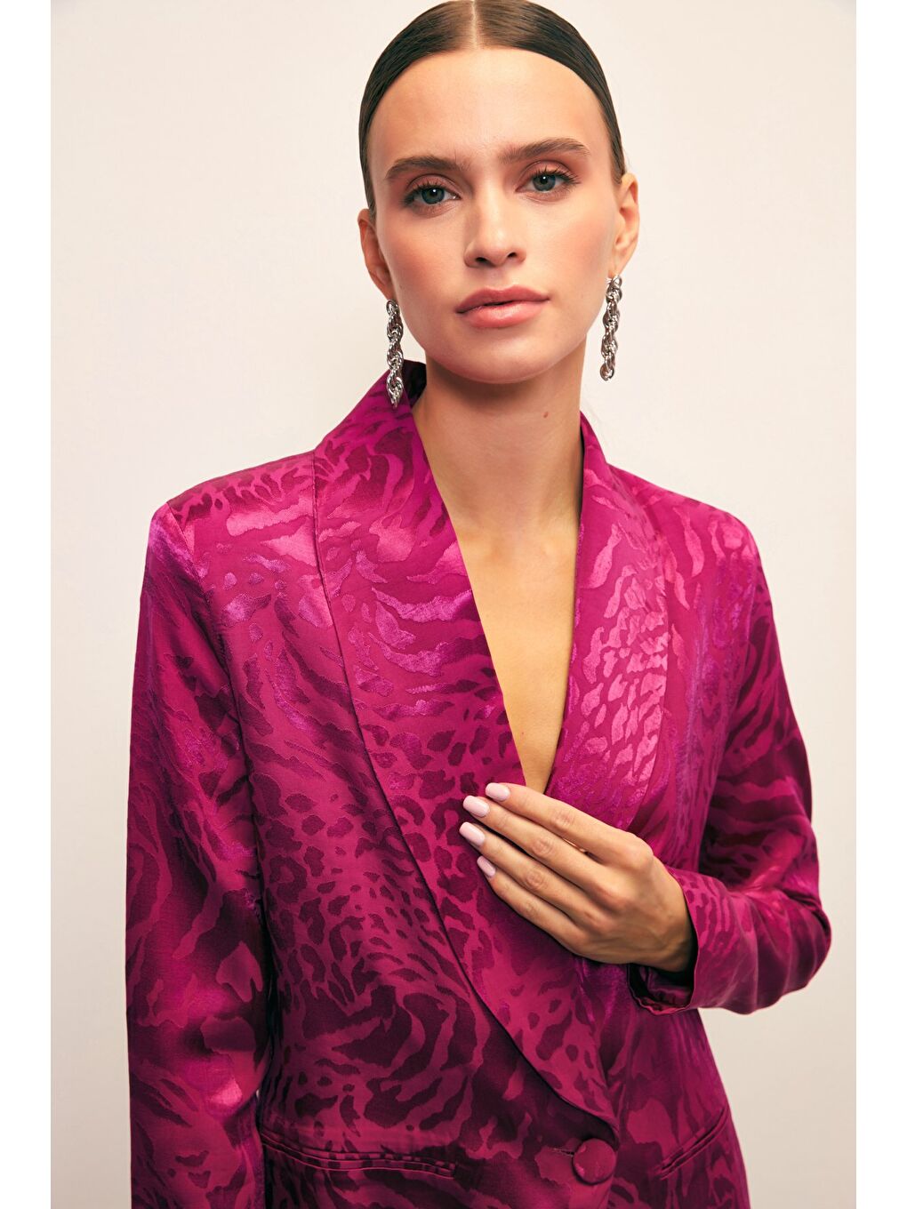 Şal Yaka Desenli Ceket - Fuşya-1