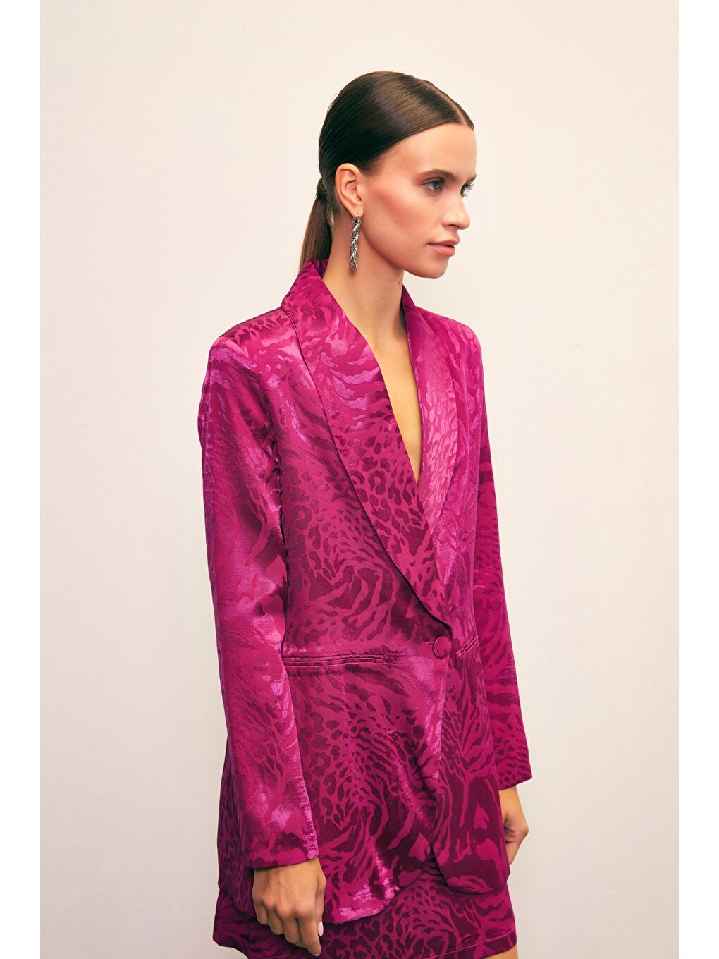 Şal Yaka Desenli Ceket - Fuşya-2