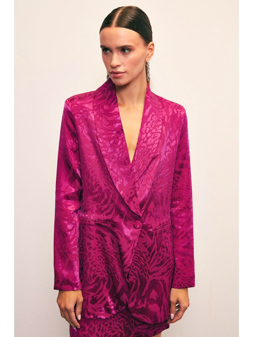 Şal Yaka Desenli Ceket - Fuşya-3