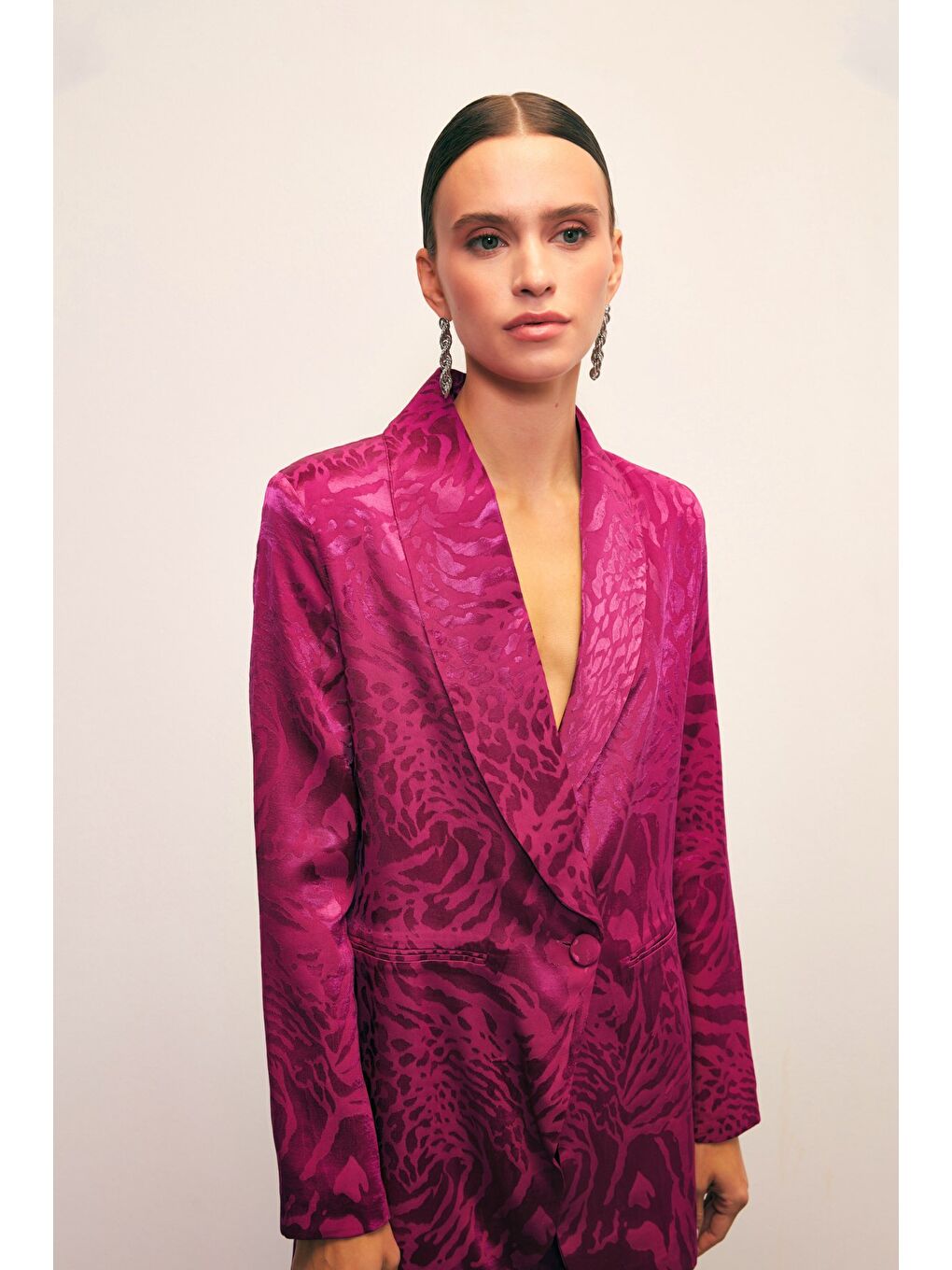 Şal Yaka Desenli Ceket - Fuşya-4