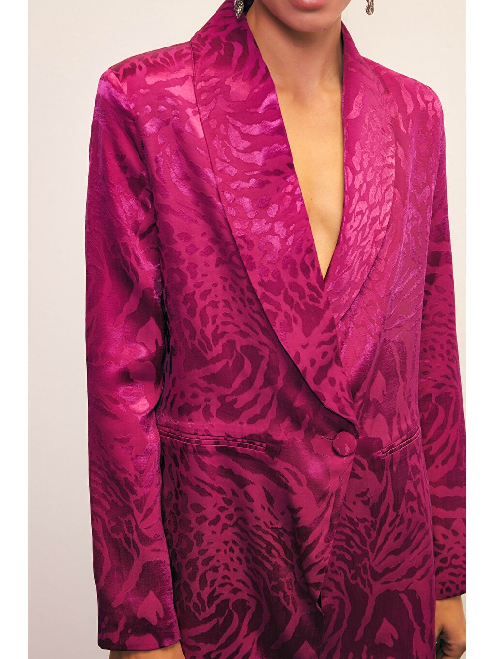 Şal Yaka Desenli Ceket - Fuşya-5