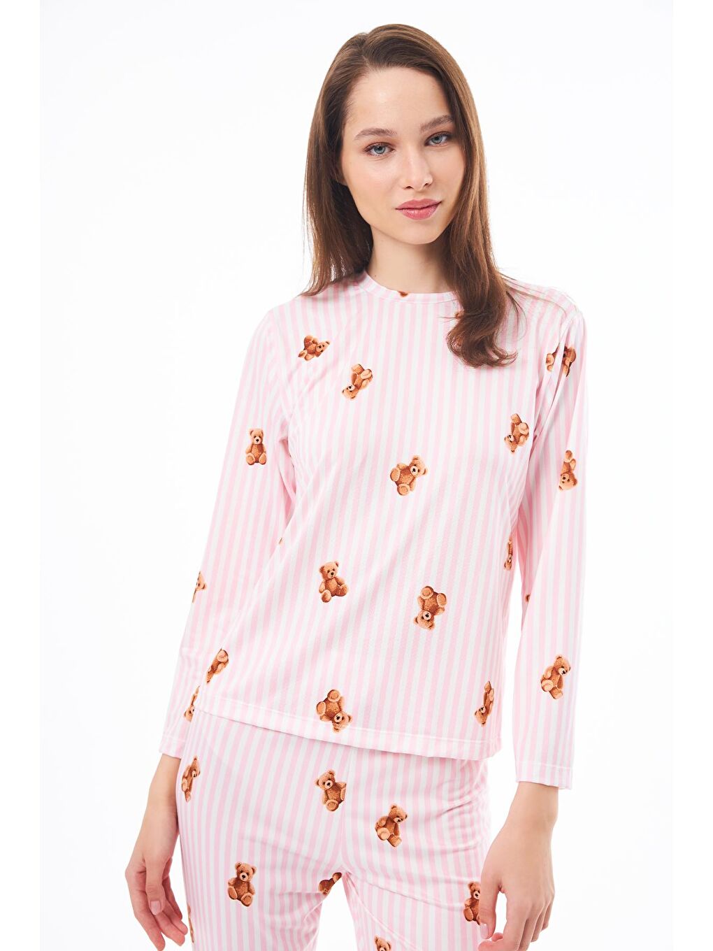 Pembe Premium  Yazlık Kadın Pijama Takımı Krem Ayıcık Desenli Yumuşak Dokulu Bisiklet Yaka Uzun Kollu-8