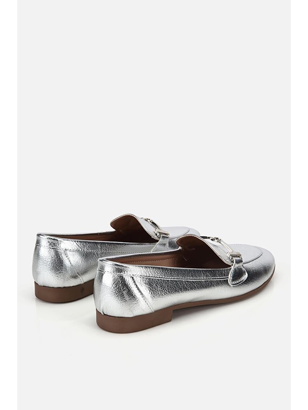 Gri Kadın Lame Toka Detaylı Metalik Loafer-2