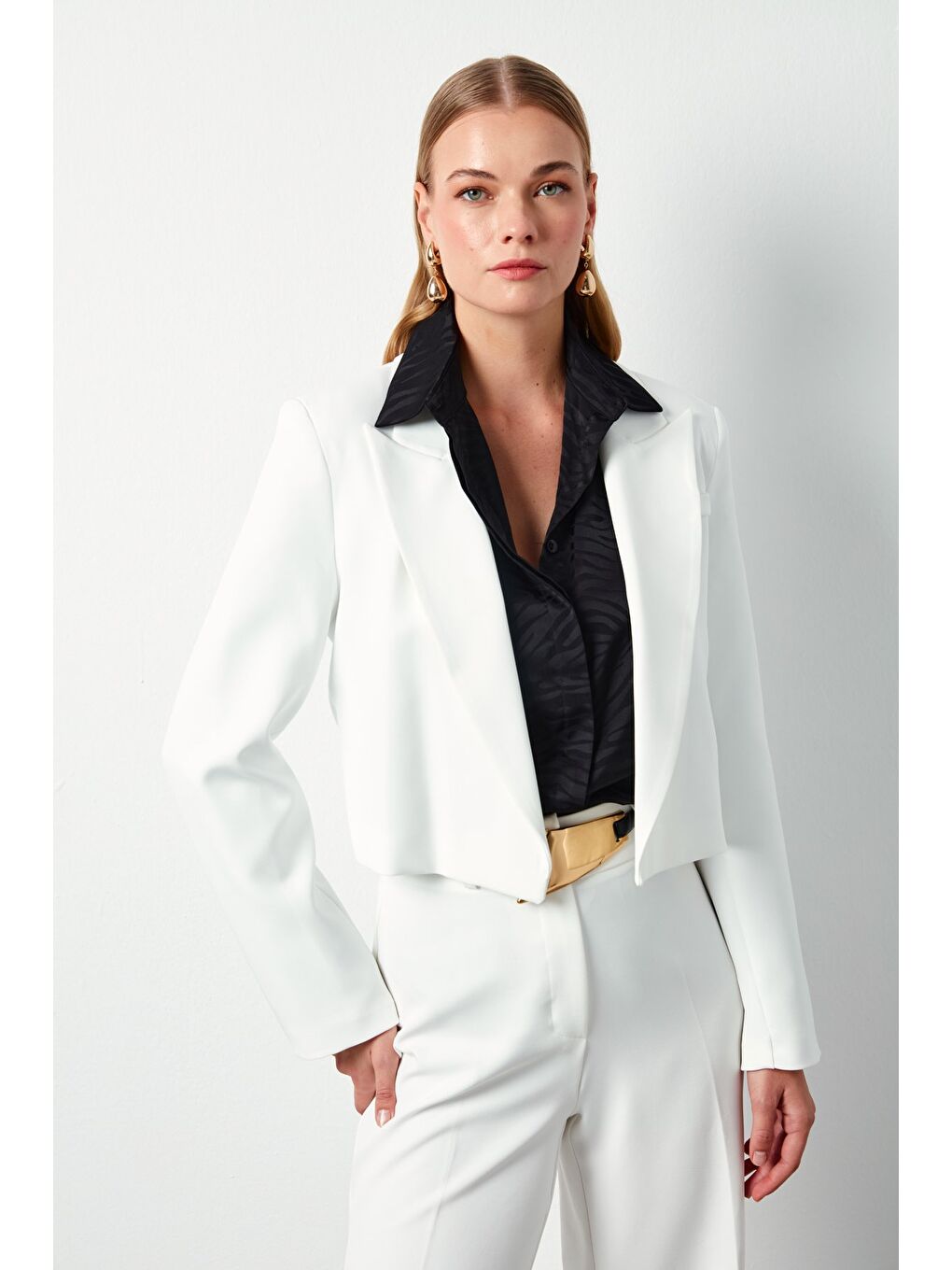 Şal Yaka Kısa Ceket - Ekru-2