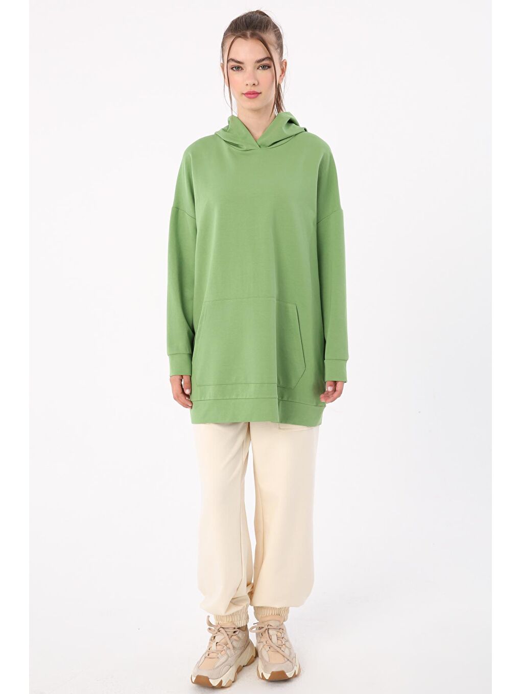 Yeşil Kanguru Cepli Kapüşonlu Sweat Tunik-1