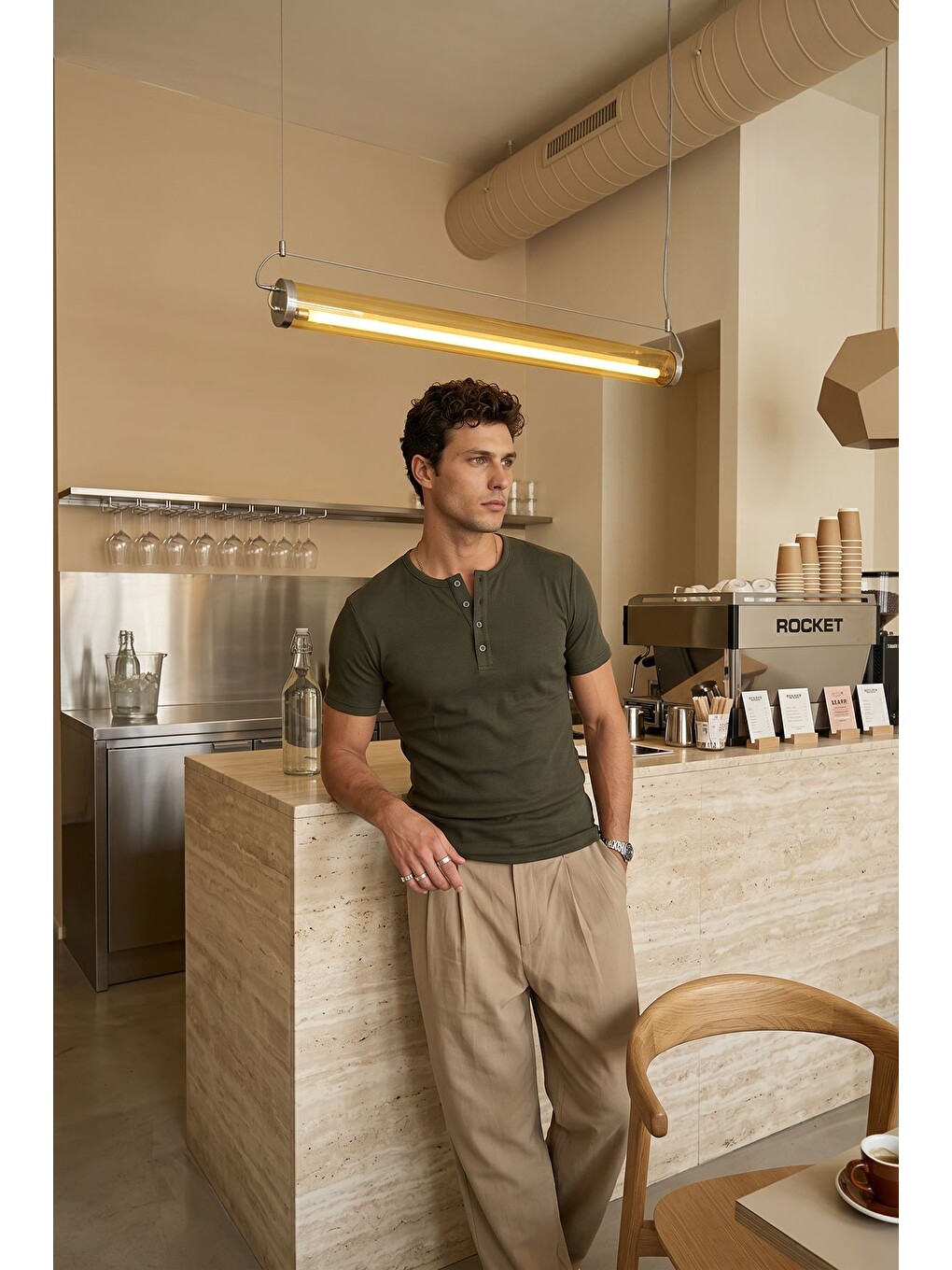 Yeşil Liiri %100 Pamuk Premium Fitilli Henley Yaka Yarım Düğmeli Erkek Tişört Regular Fit Basic Yazlık Tiş-1
