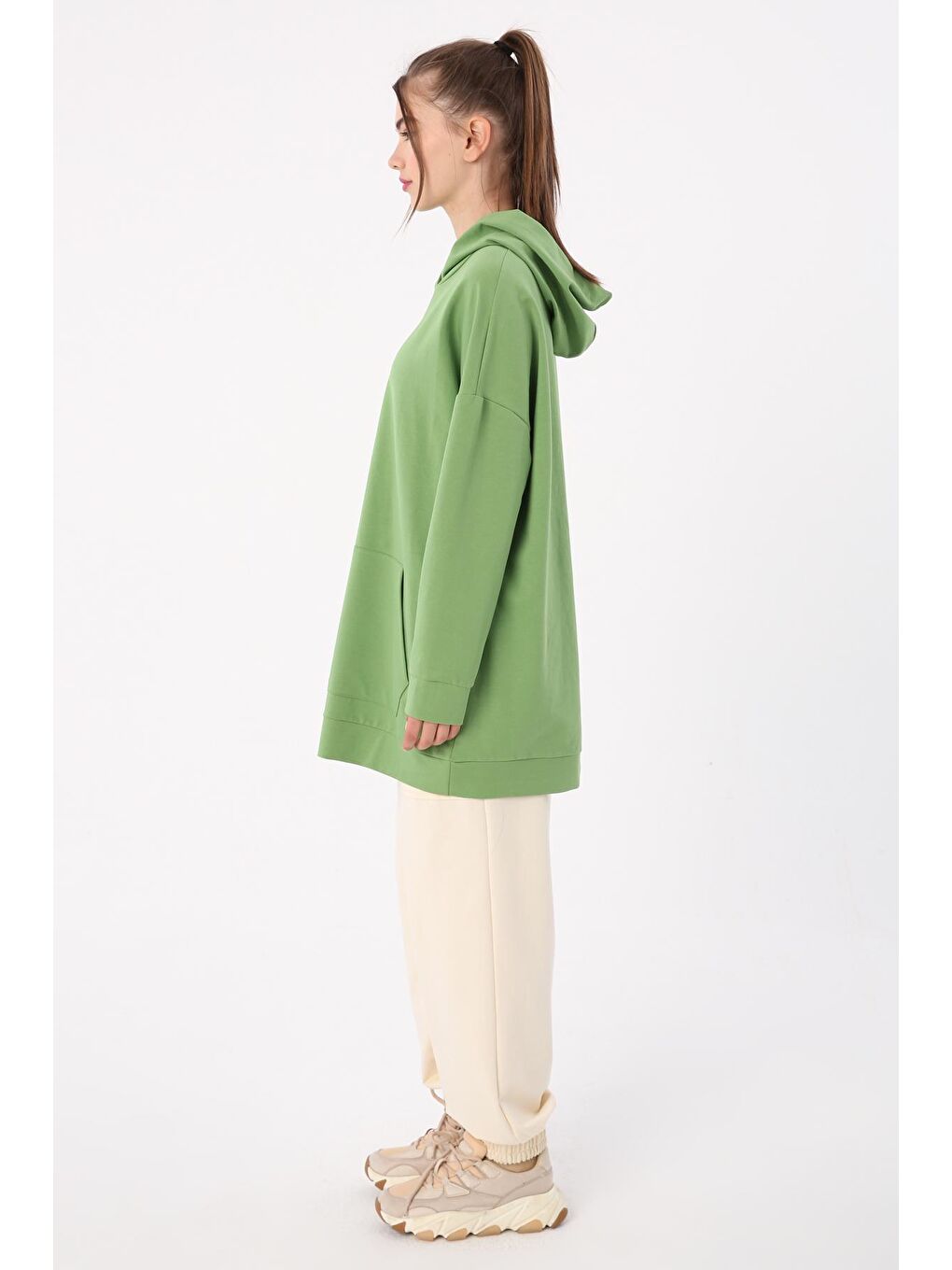 Yeşil Kanguru Cepli Kapüşonlu Sweat Tunik-2
