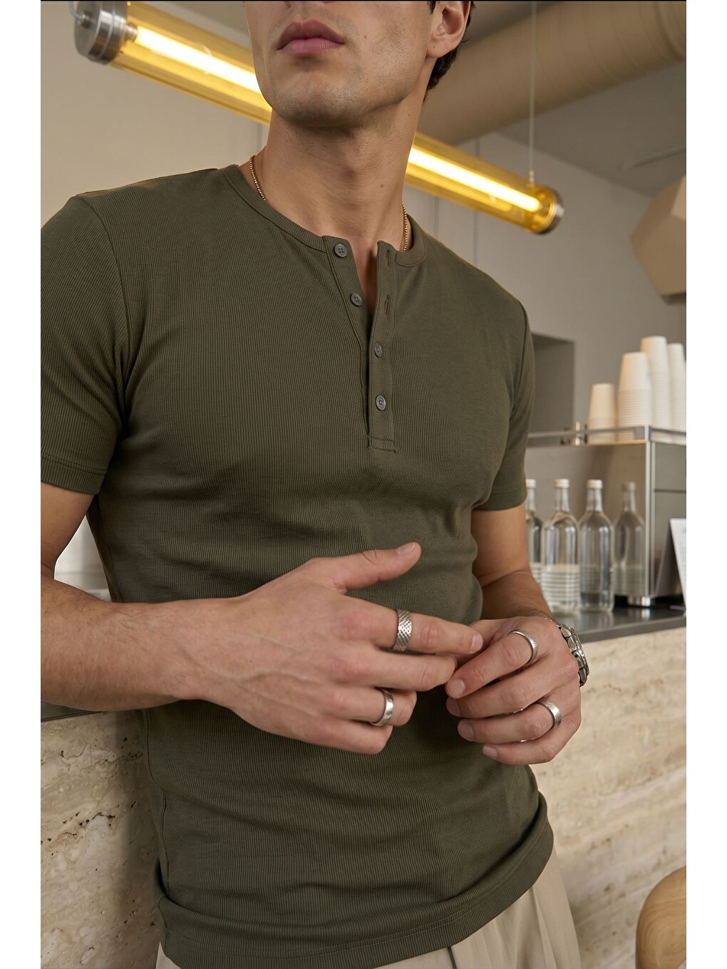 Yeşil Liiri %100 Pamuk Premium Fitilli Henley Yaka Yarım Düğmeli Erkek Tişört Regular Fit Basic Yazlık Tiş-5