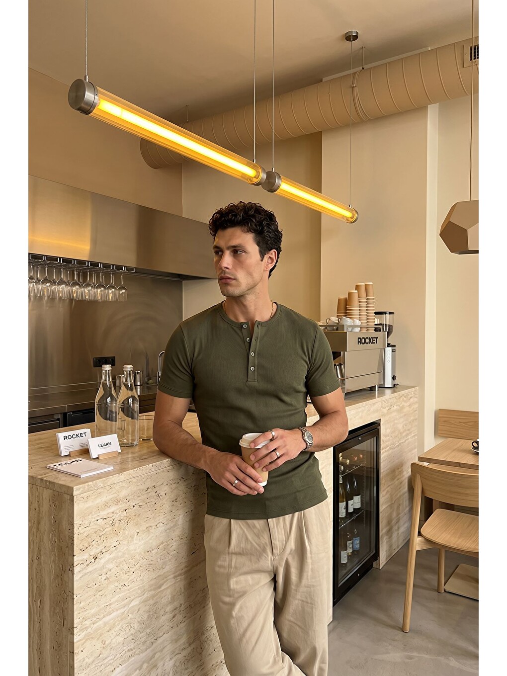 Yeşil Liiri %100 Pamuk Premium Fitilli Henley Yaka Yarım Düğmeli Erkek Tişört Regular Fit Basic Yazlık Tiş-6
