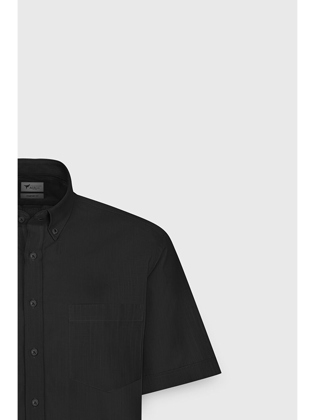 Erkek Siyah Comfort Fit Rahat Kesim Gizli Düğmeli Yaka Keten Görünümlü %100 Pamuk Flamlı Gömlek-6