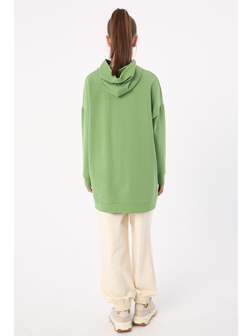 Yeşil Kanguru Cepli Kapüşonlu Sweat Tunik-3