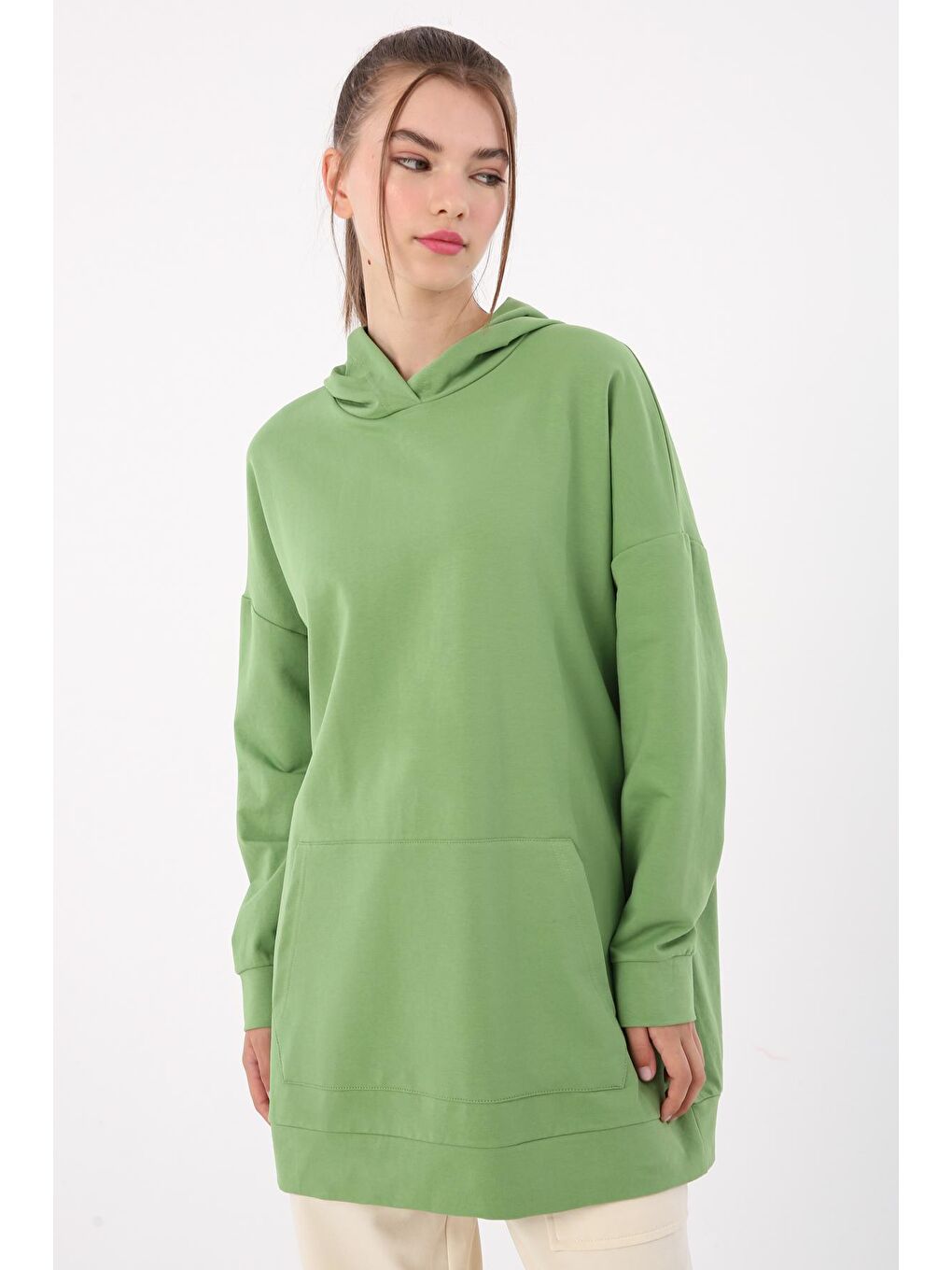 Yeşil Kanguru Cepli Kapüşonlu Sweat Tunik-4