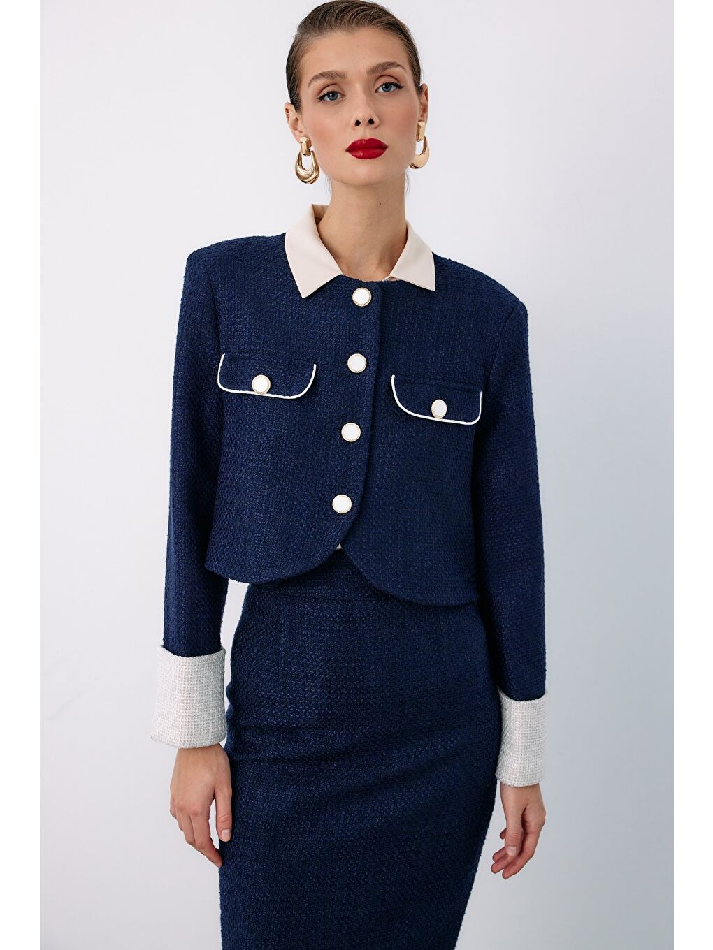 Kontrast Kısa Tüvit Ceket - Lacivert-1