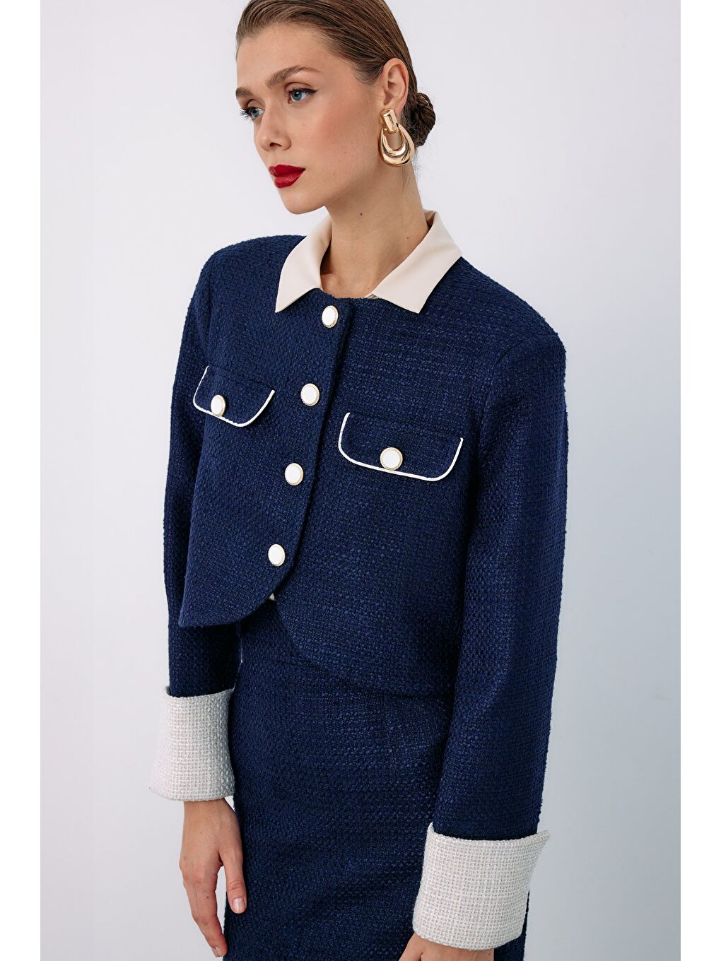 Kontrast Kısa Tüvit Ceket - Lacivert-2