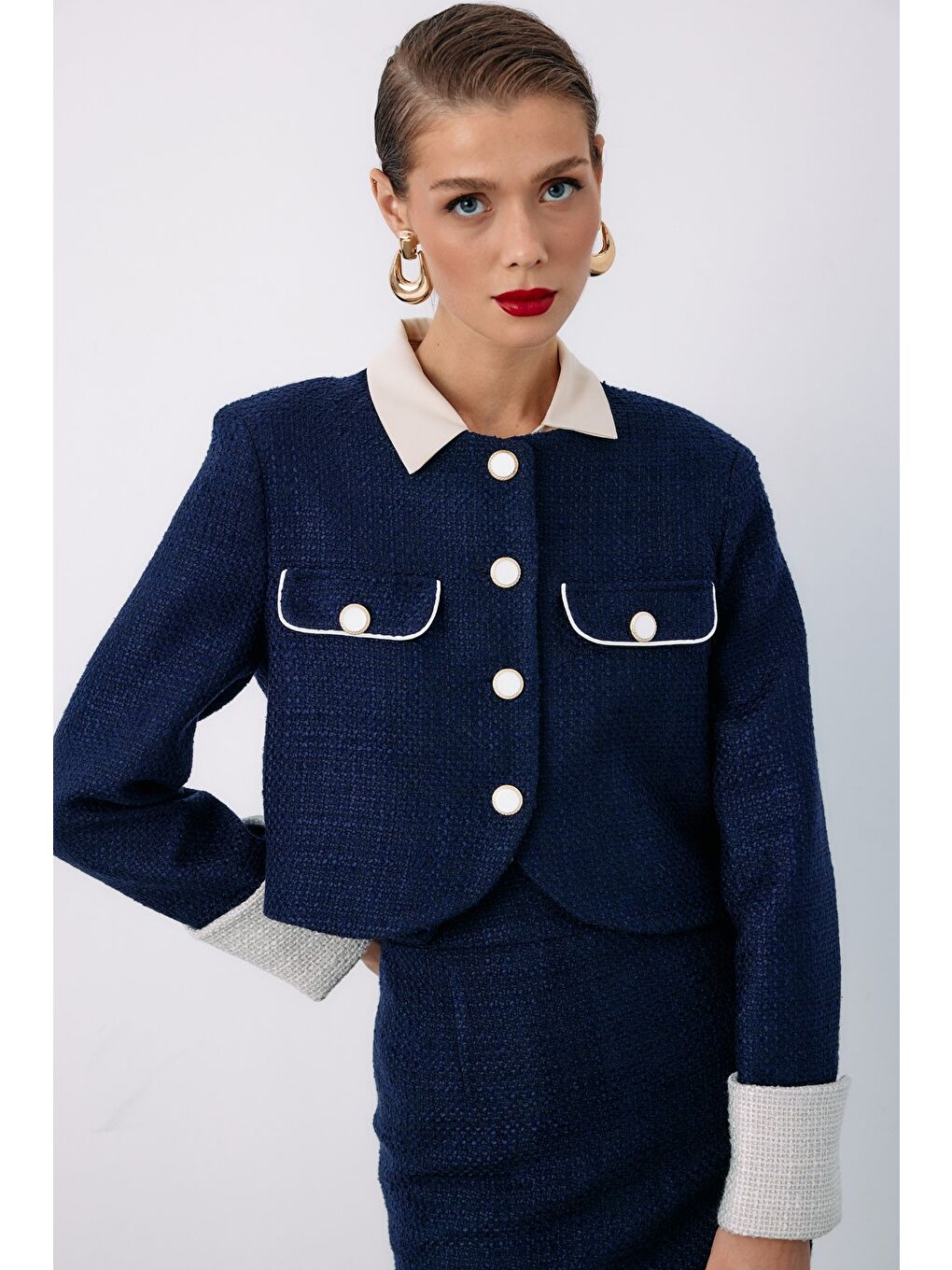 Kontrast Kısa Tüvit Ceket - Lacivert-3