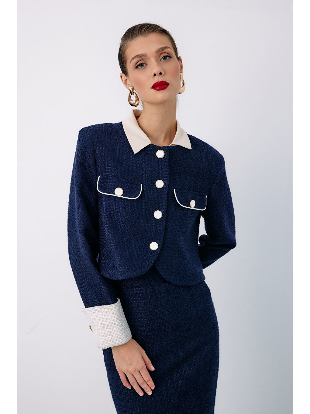 Kontrast Kısa Tüvit Ceket - Lacivert-4