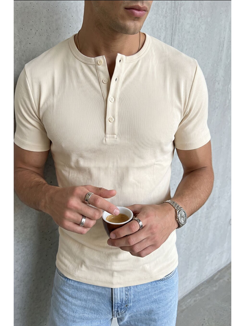 Ekru Liiri %100 Pamuk Premium Fitilli Henley Yaka Yarım Düğmeli Erkek Tişört Regular Fit Basic Yazlık Tiş-1