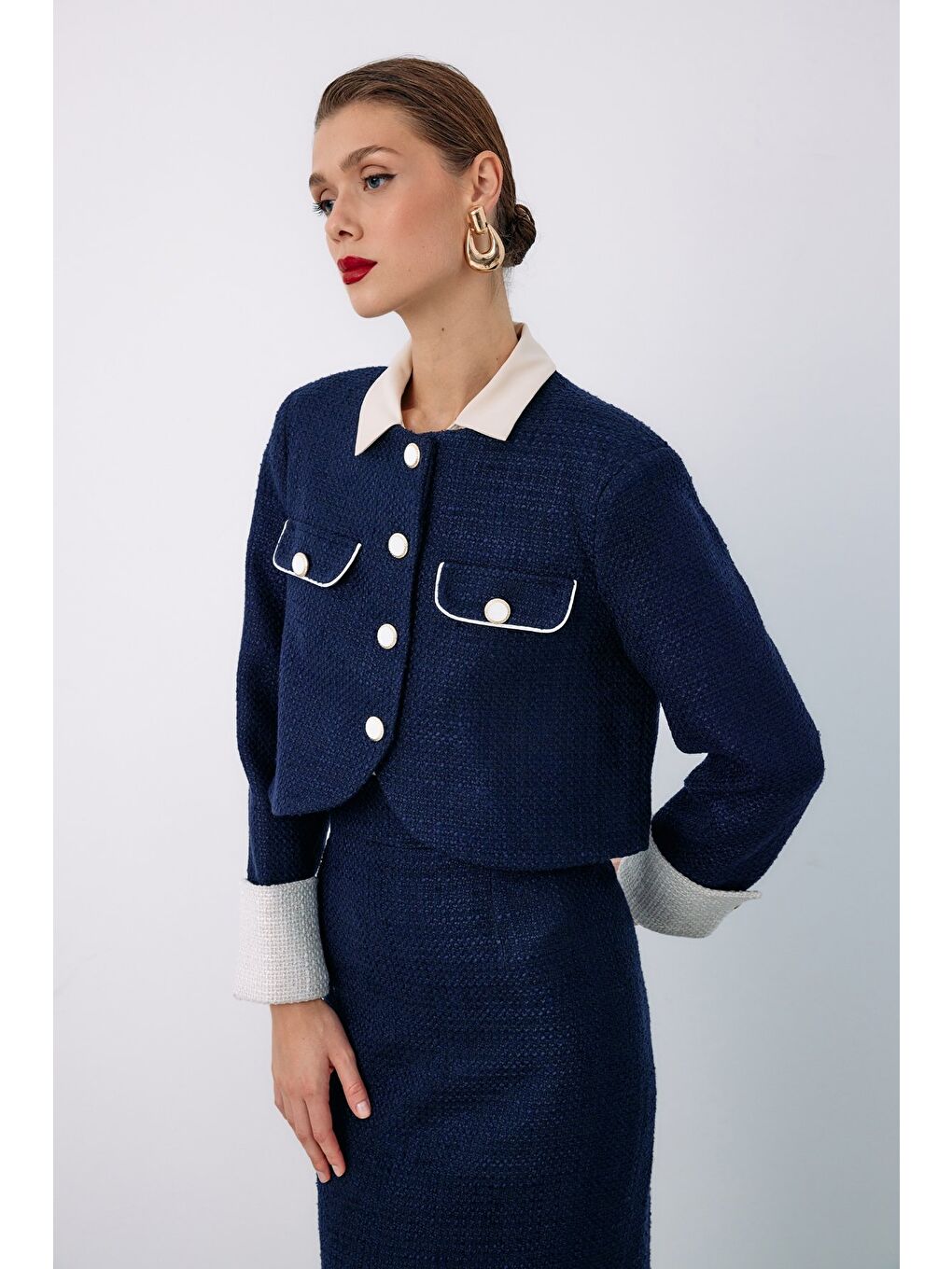 Kontrast Kısa Tüvit Ceket - Lacivert-6