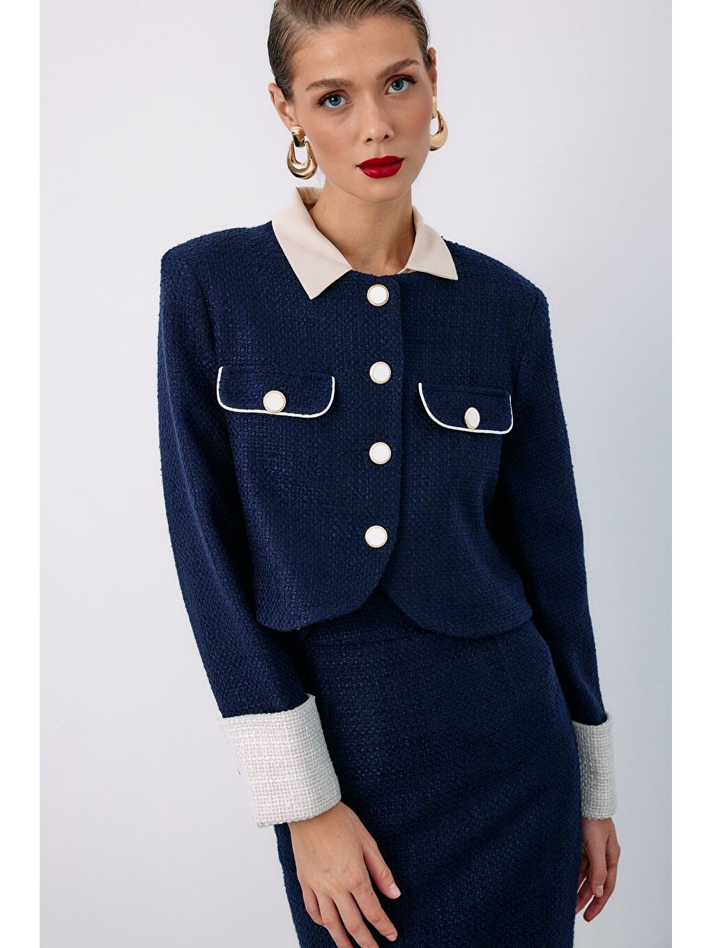 Kontrast Kısa Tüvit Ceket - Lacivert-7